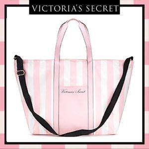 Victoria’s Secret Large Tote Canvas Faux Leather Handles & Pocket w/ Black Strap